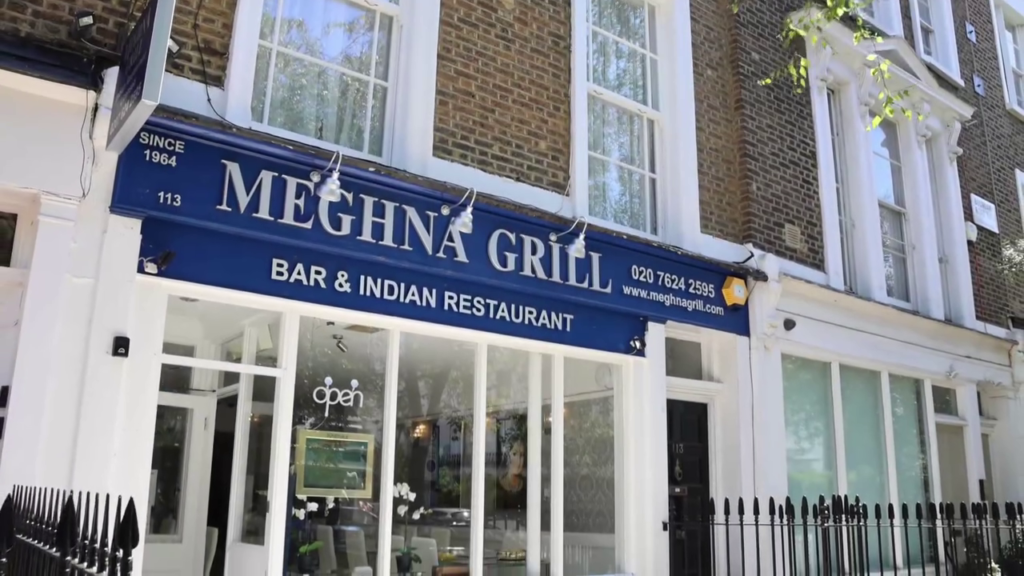 Meghna Grill shopfront exterior, Indian restaurant and bar since 1964, 113 Boundary Road, St John's Wood NW8